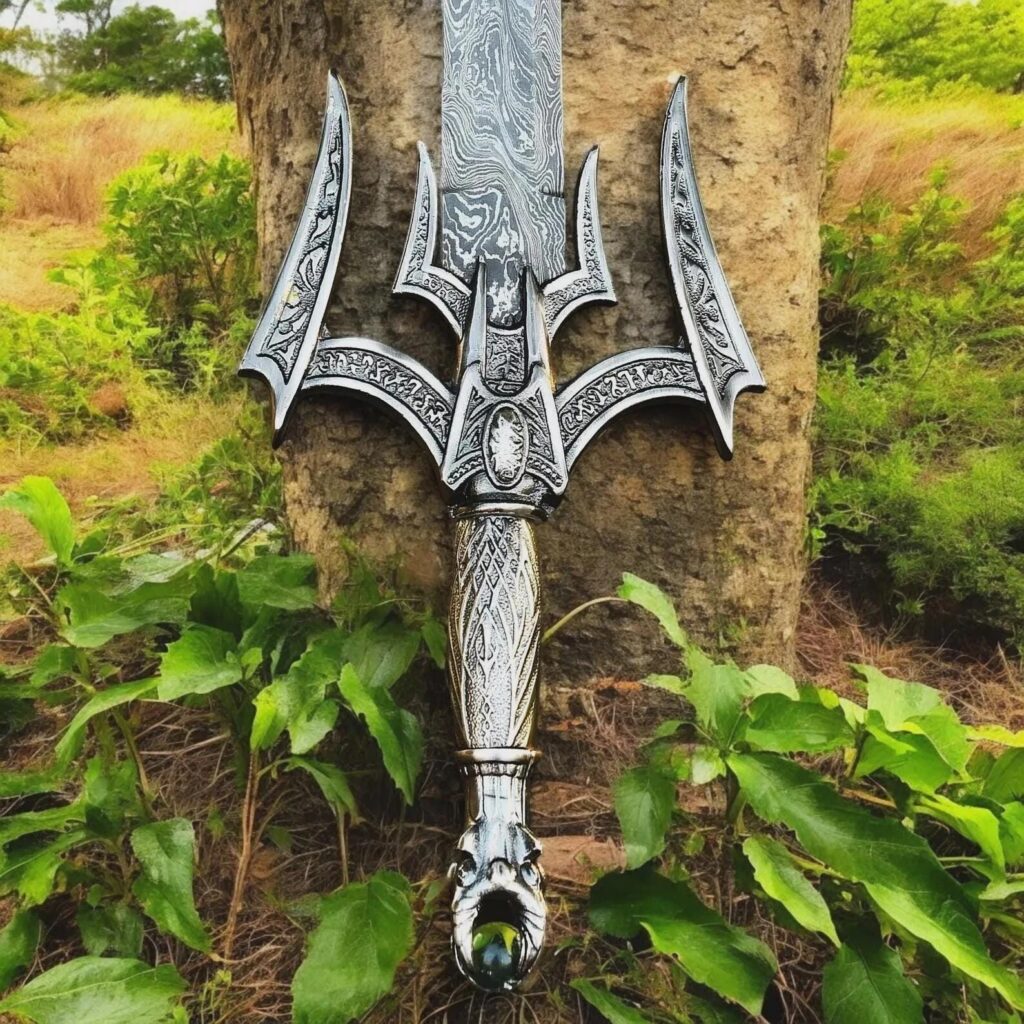 Fantasy weapon display showing Luciender sword standing upright among grass and plants in natural light