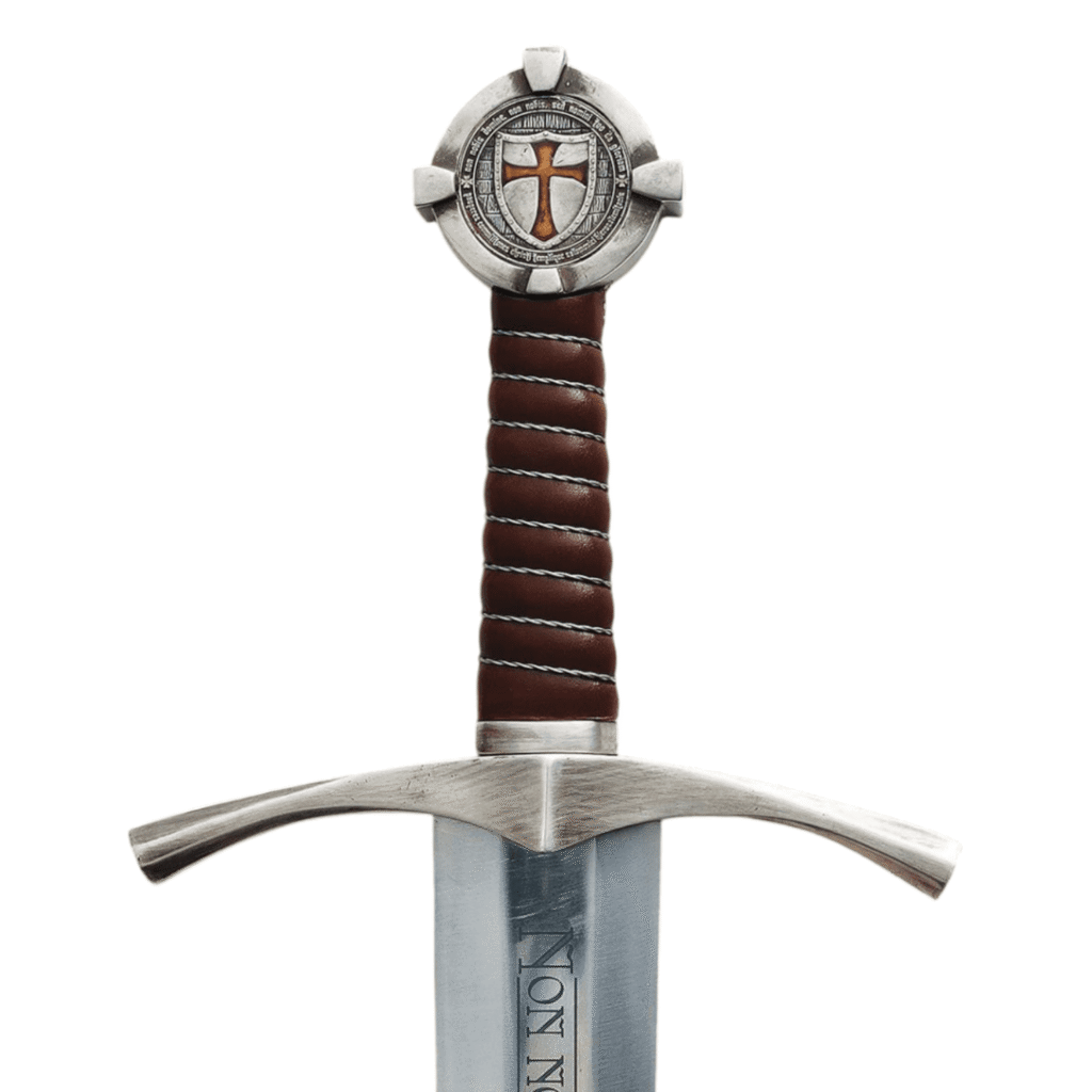 Close-up of hand-forged Templar sword hilt featuring engraved steel crossguard and red emblem pommel