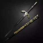 Black Master Sword replica from Legend of Zelda with detailed scabbard and Triforce emblem