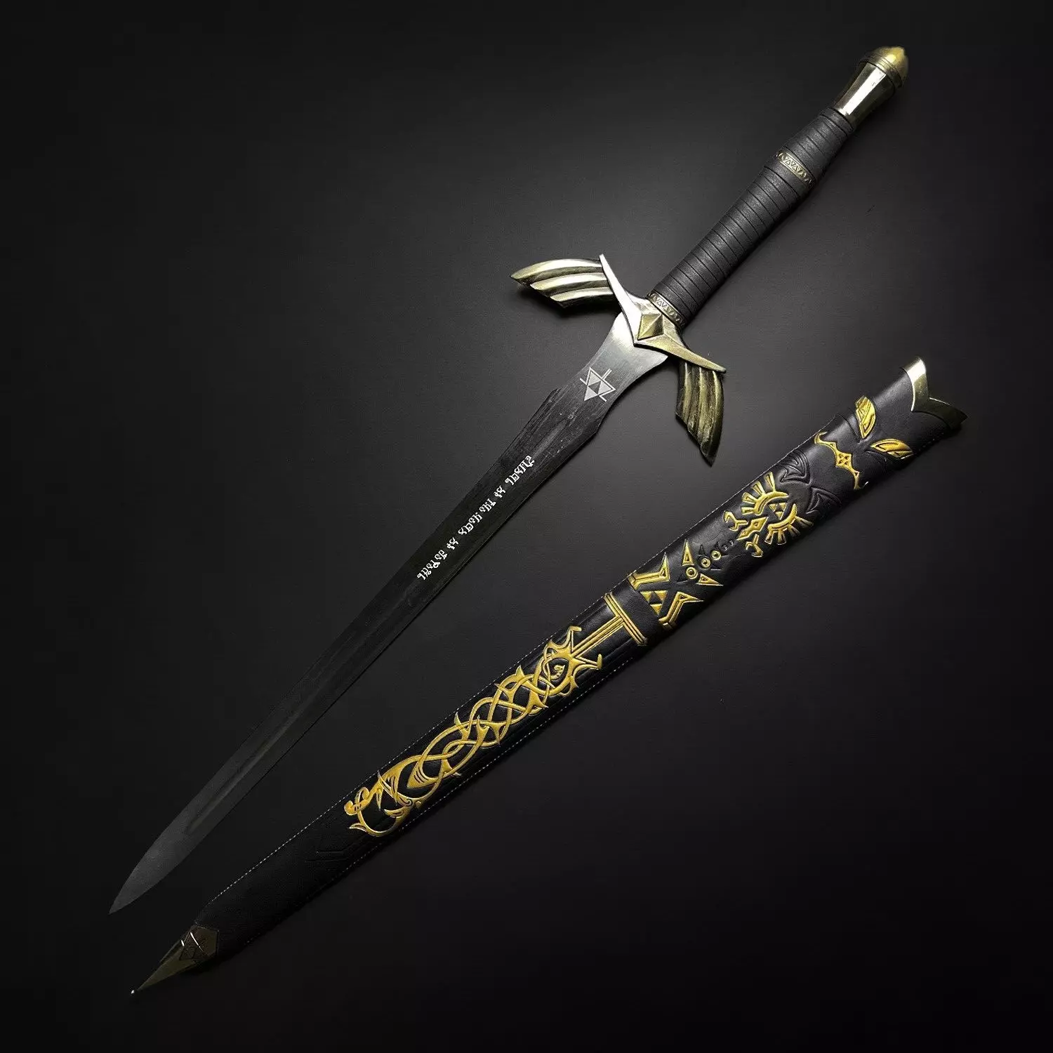 Black Master Sword replica from Legend of Zelda with detailed scabbard and Triforce emblem Black Master Sword replica from Legend of Zelda with detailed scabbard and Triforce emblem