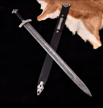 Handmade Damascus steel Viking sword with leather scabbard – Northmen battle replica.