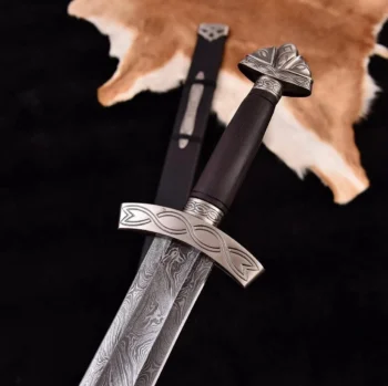 Sharp Norse sword with patterned Damascus blade and wooden handle.
