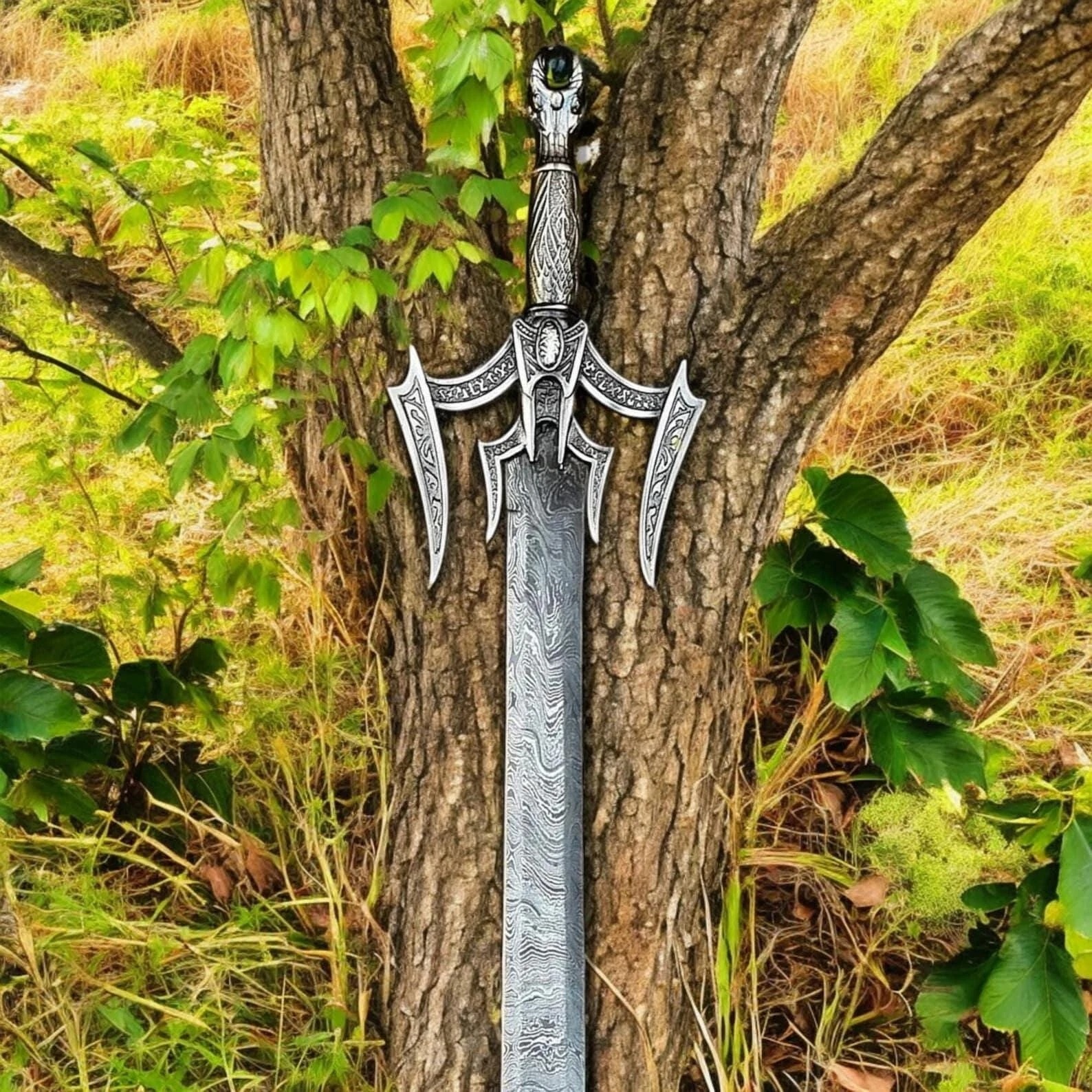 Luciender Sword of Light Luciender Sword of Light Replica embedded vertically in forest soil with tree trunk backdrop and fantasy ambiance