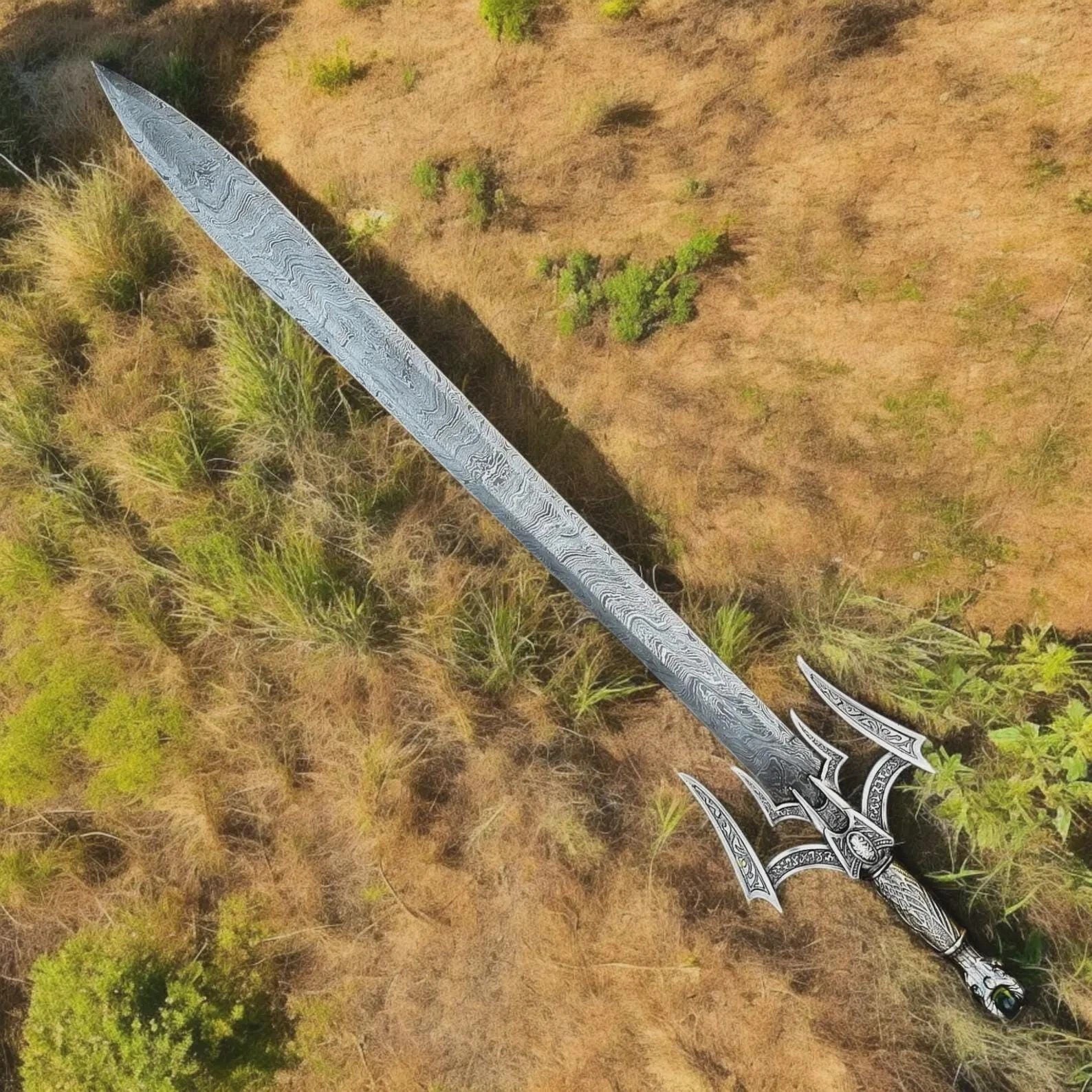 Luciender Sword of Light Epic fantasy sword with ceremonial look, photographed in wilderness for dramatic visual impact