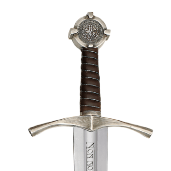 Full view of the Accolade Sword of the Knights Templar with leather scabbard and medieval belt harness