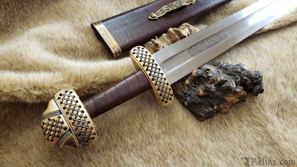 "Epic Viking sword with historical engravings and fur backdrop. Ideal for Etsy shoppers seeking Norse-inspired weapons, cosplay props, or medieval collectibles."