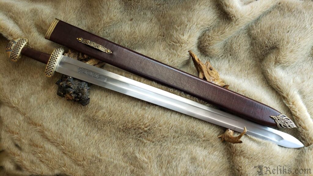 "Authentic Viking sword with engraved runes and brass fittings, displayed on fur and wood for a rustic Norse warrior aesthetic. Ideal for collectors, cosplay, and historical enthusiasts seeking premium craftsmanship."