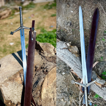 Full-length image of the Handmade Scottish Claymore Sword by Ashblades, featuring a 39-inch high-carbon stainless steel blade, leather-wrapped hilt, and cowhide sheath. Ideal for collectors, reenactors, and medieval weapon enthusiasts.