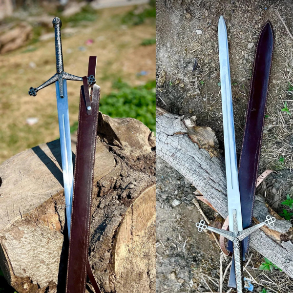Full-length image of the Handmade Scottish Claymore Sword by Ashblades, featuring a 39-inch high-carbon stainless steel blade, leather-wrapped hilt, and cowhide sheath. Ideal for collectors, reenactors, and medieval weapon enthusiasts. Full-length image of the Handmade Scottish Claymore Sword by Ashblades, featuring a 39-inch high-carbon stainless steel blade, leather-wrapped hilt, and cowhide sheath. Ideal for collectors, reenactors, and medieval weapon enthusiasts.