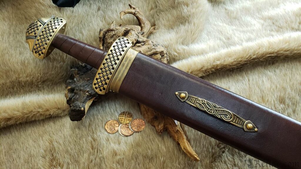 "Viking warrior sword with realistic detailing—engraved blade, leather-wrapped hilt, and brass-accented sheath. Designed for collectors, fantasy fans, and medieval-themed photo shoots."