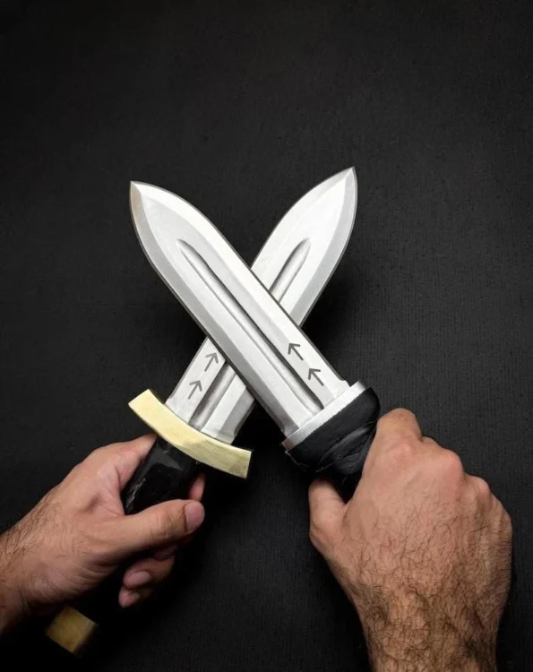 Thorfinn Dual Daggers Replica by Ashblades displayed as part of a cosplay layout, highlighting the matching blades’ authentic anime styling, forged steel finish, and handcrafted details. Perfect for conventions, Halloween costumes, fantasy decor, or gifting to Vinland Saga enthusiasts.